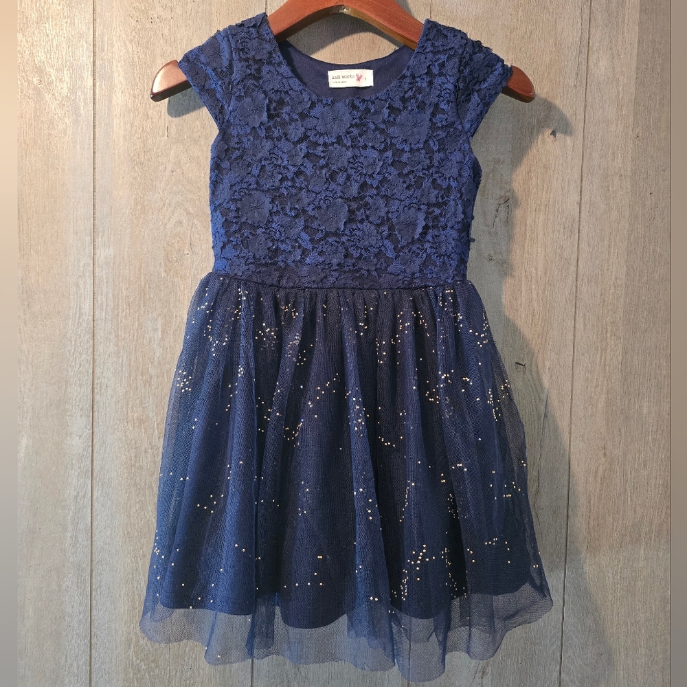 KnitWorks Dark Blue/Gold Accents Dress Knit Lace Look